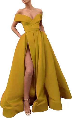 Off Shoulder Satin Prom Dresses Ball Gown Plus Size Formal A Line Dresses for Women Wedding Dress with Slit