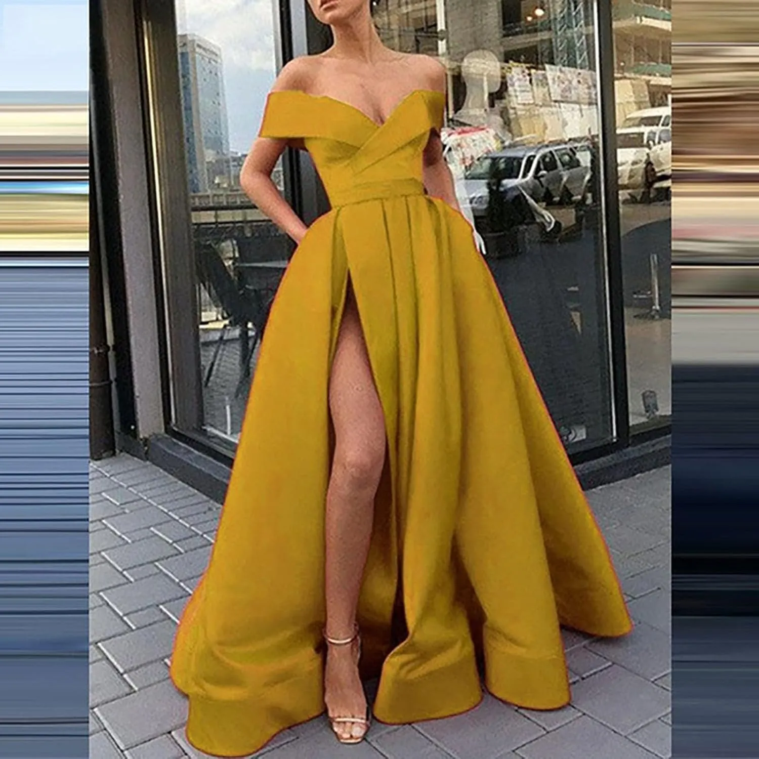 Off Shoulder Satin Prom Dresses Ball Gown Plus Size Formal A Line Dresses for Women Wedding Dress with Slit