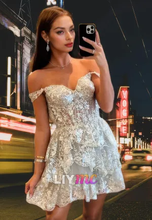 Off-Shoulder Sleeveless Appliques A-Line Tiered A-Line Short Homecoming Dress