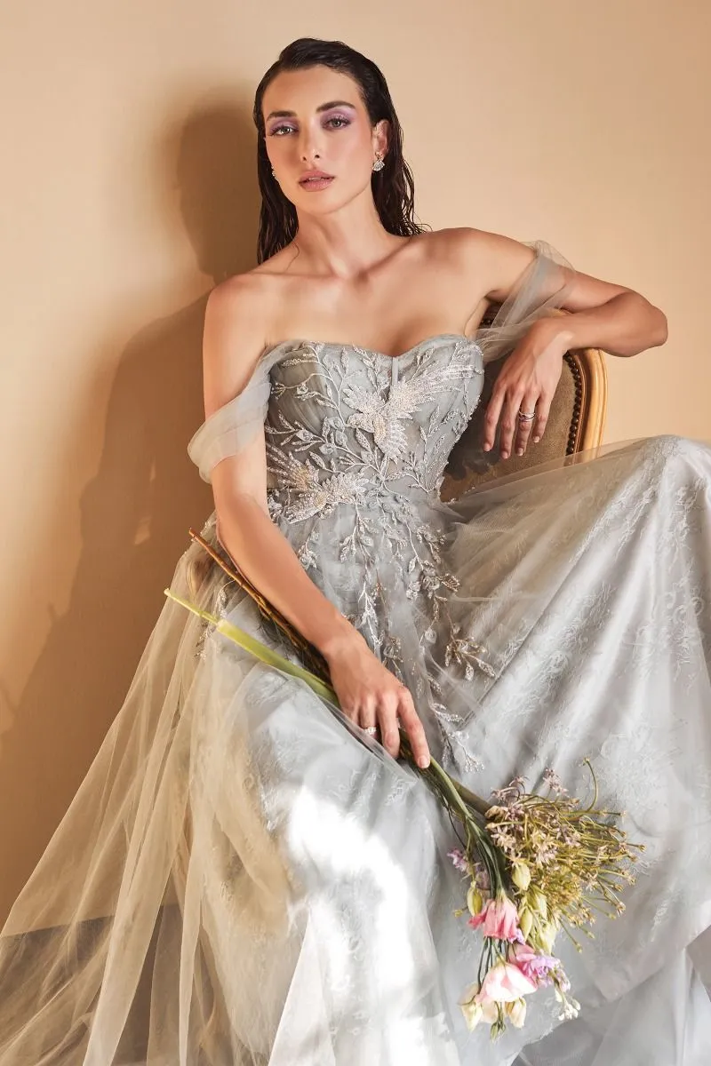 OFF THE SHOULDER BIRDS OF ROMANCE A-LINE TULLE GOWN CDA1149