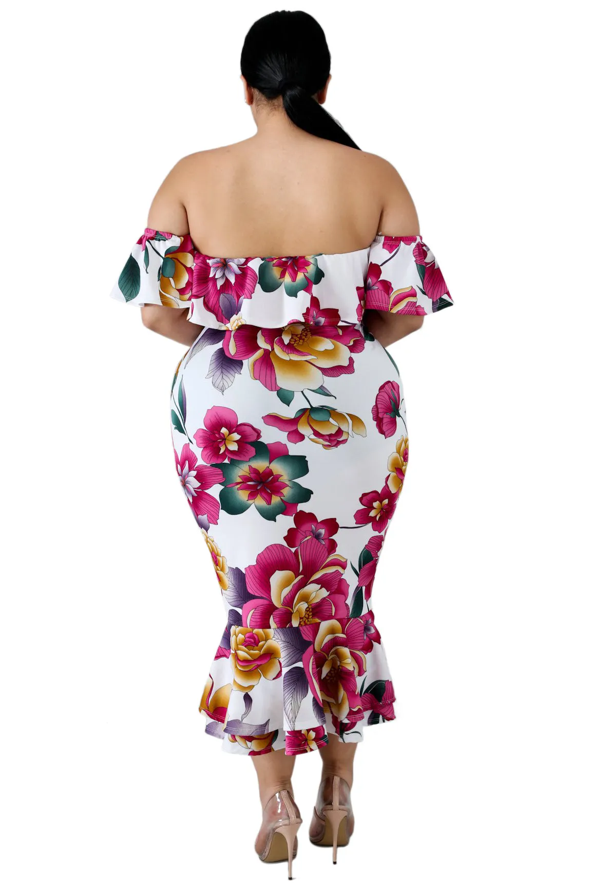 Off-the-shoulder Ruffled Floral Mermaid Plus Size Dress