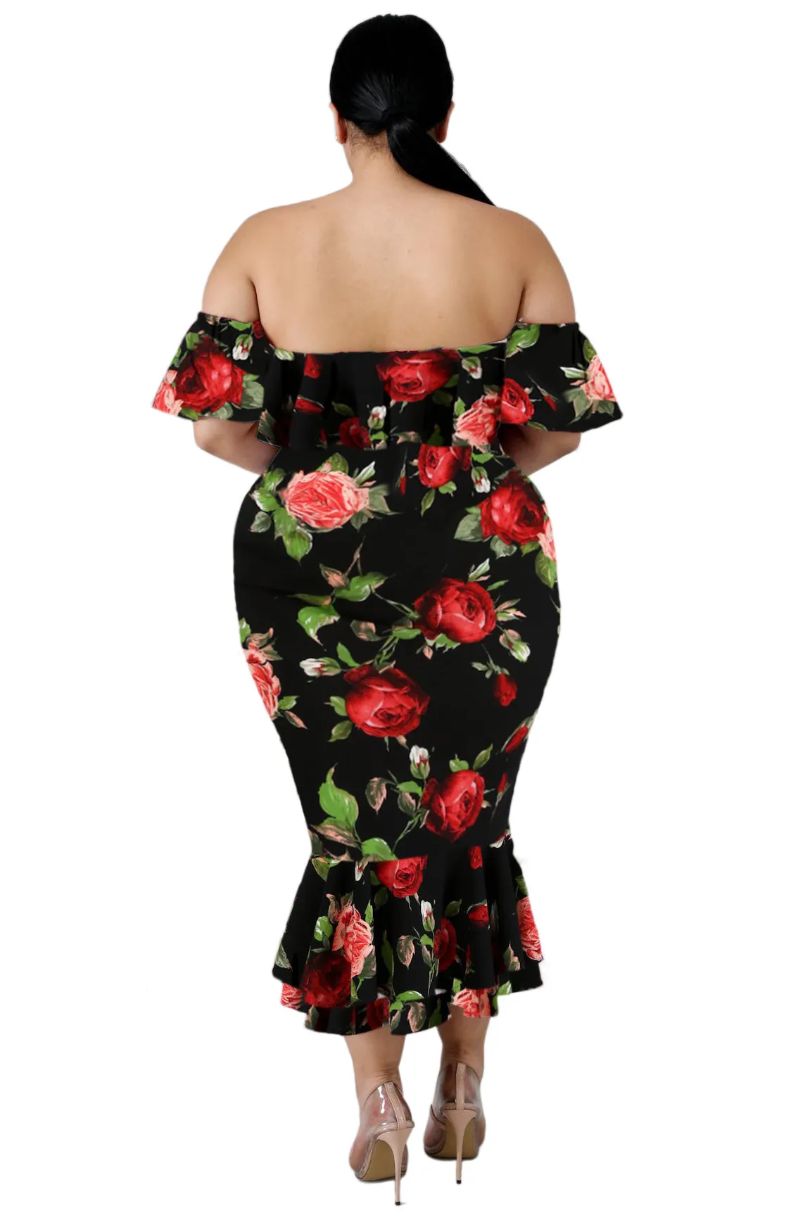 Off-the-shoulder Ruffled Floral Mermaid Plus Size Dress