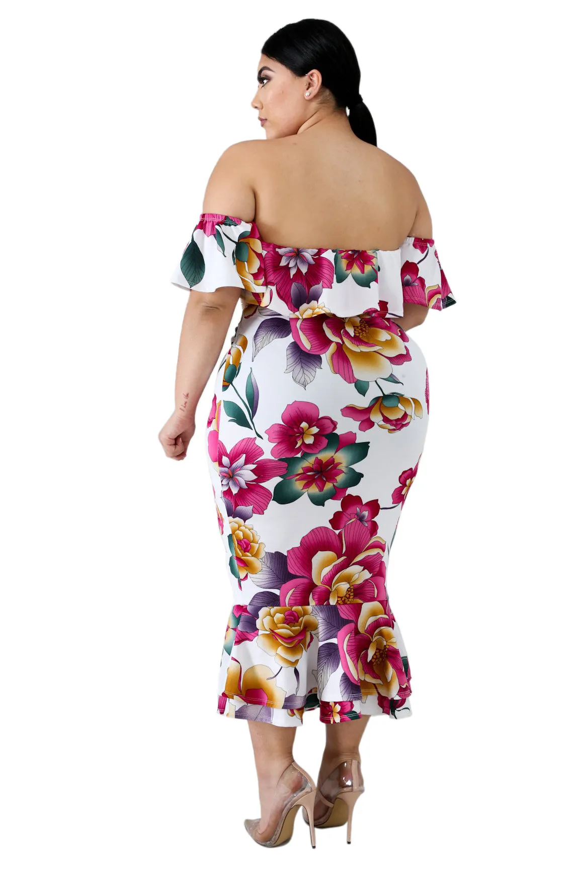 Off-the-shoulder Ruffled Floral Mermaid Plus Size Dress