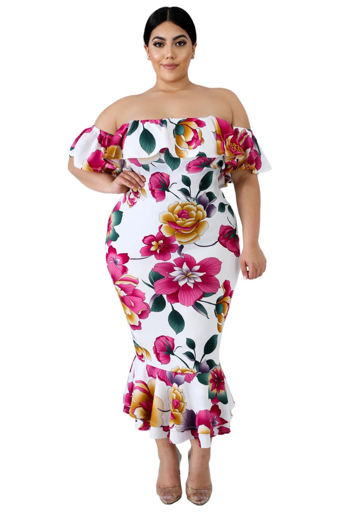 Off-the-shoulder Ruffled Floral Mermaid Plus Size Dress