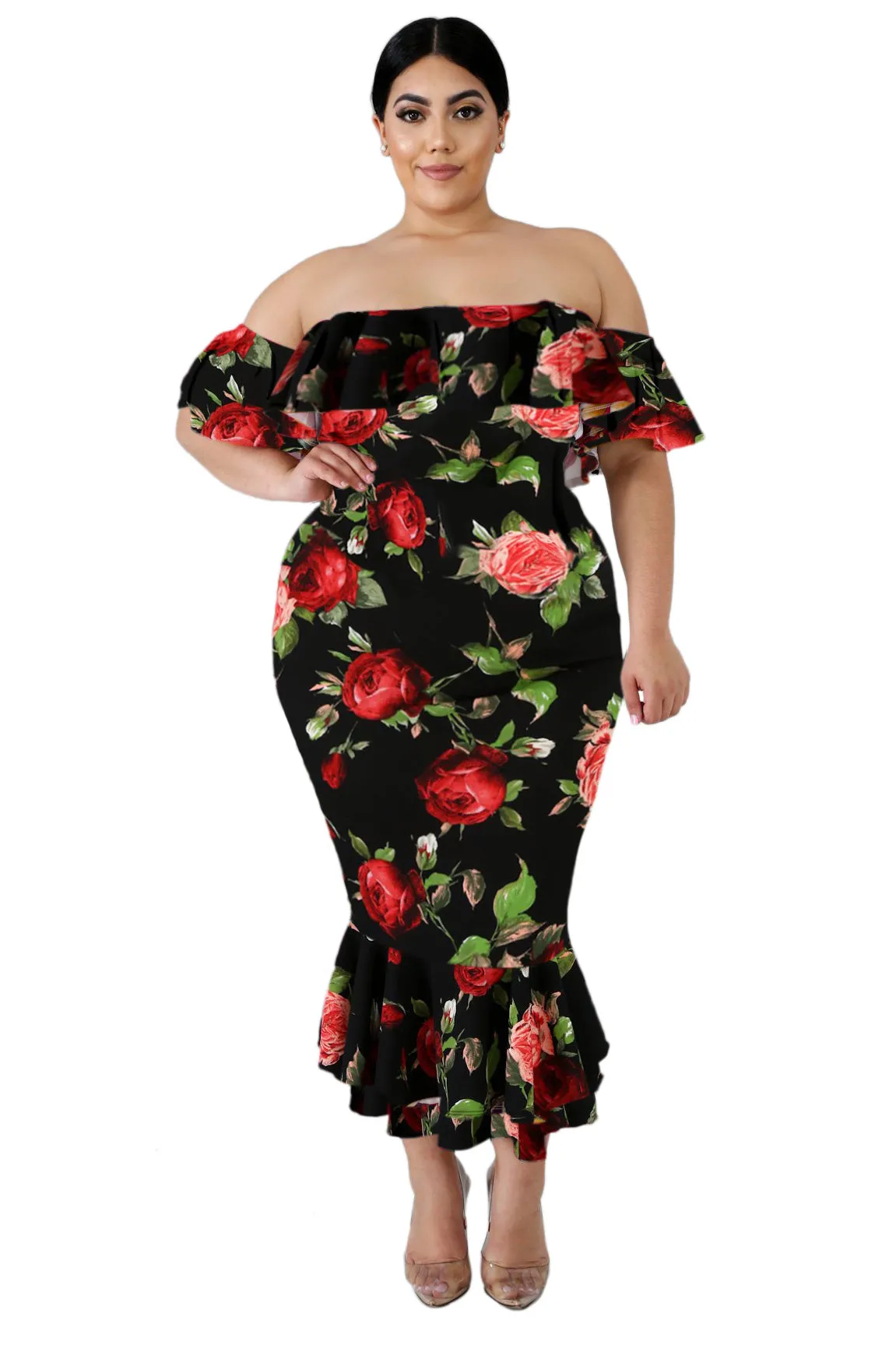 Off-the-shoulder Ruffled Floral Mermaid Plus Size Dress