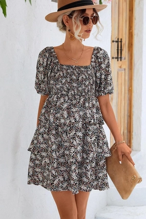 Movement Feel Best-Seller OFF SHOULDER SQUARE NECK FLORAL TIERED DRESS
