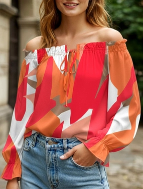 Soft Sweater AntiStaticTreatment Off-the-shoulder lantern sleeves shirt