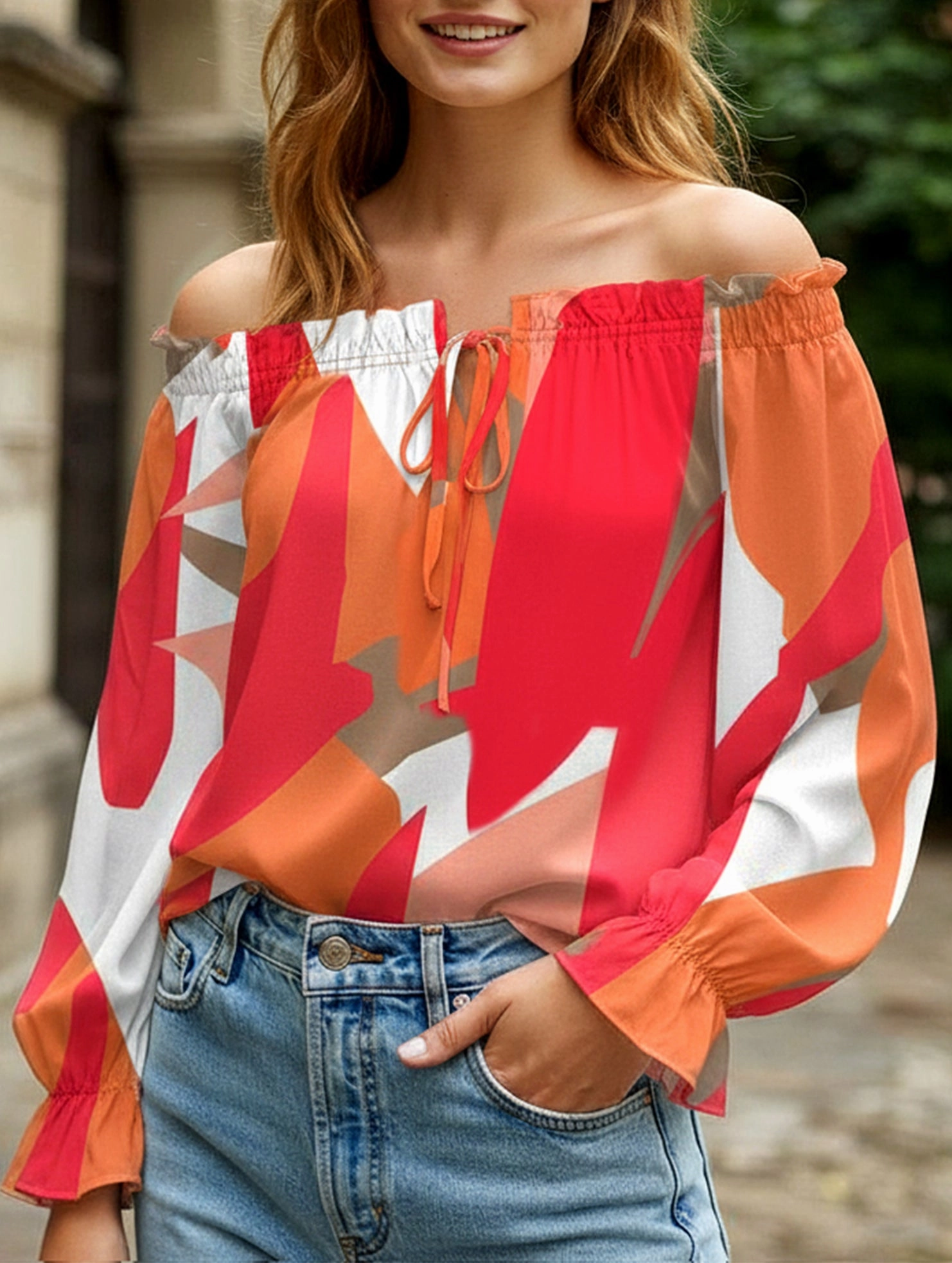 Soft Sweater AntiStaticTreatment Off-the-shoulder lantern sleeves shirt
