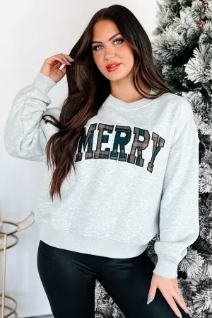 On The Cute List Graphic "Merry" Sweatshirt (Heather Grey) Placket Detailing Relaxed Top