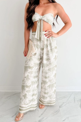 On Brand Printed Bandeau Top & Pants Set (Ivory/Sage) Stretchable Knit Elastic Edge Binding