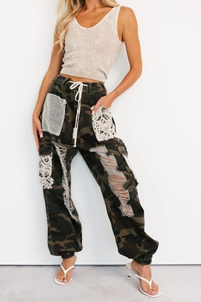 On Duty Cutie Distressed Cargo POL Joggers (Camo) Packable design