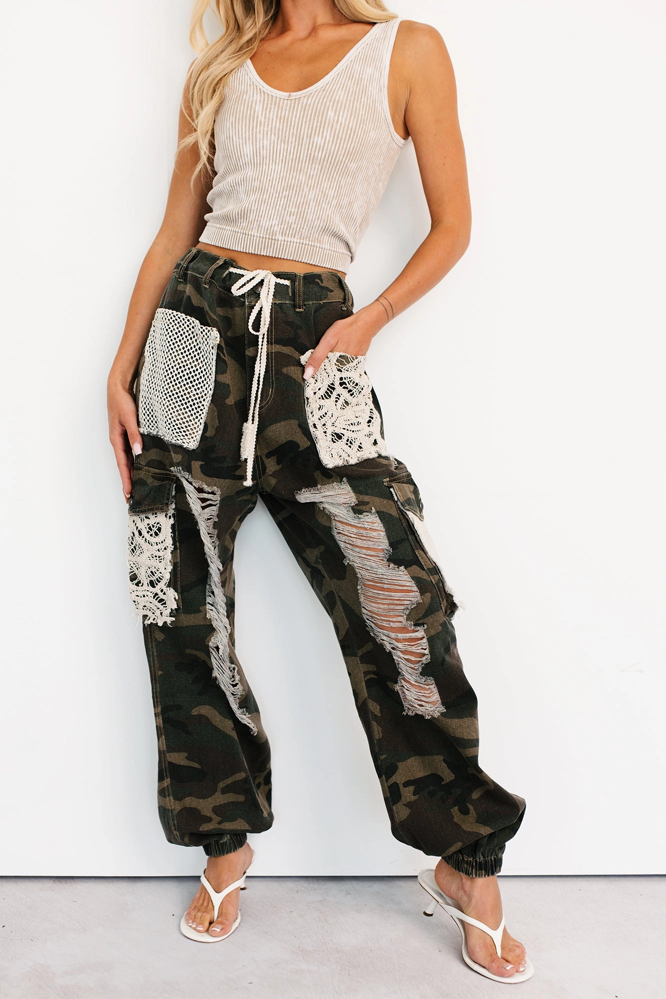 On Duty Cutie Distressed Cargo POL Joggers (Camo) Packable design