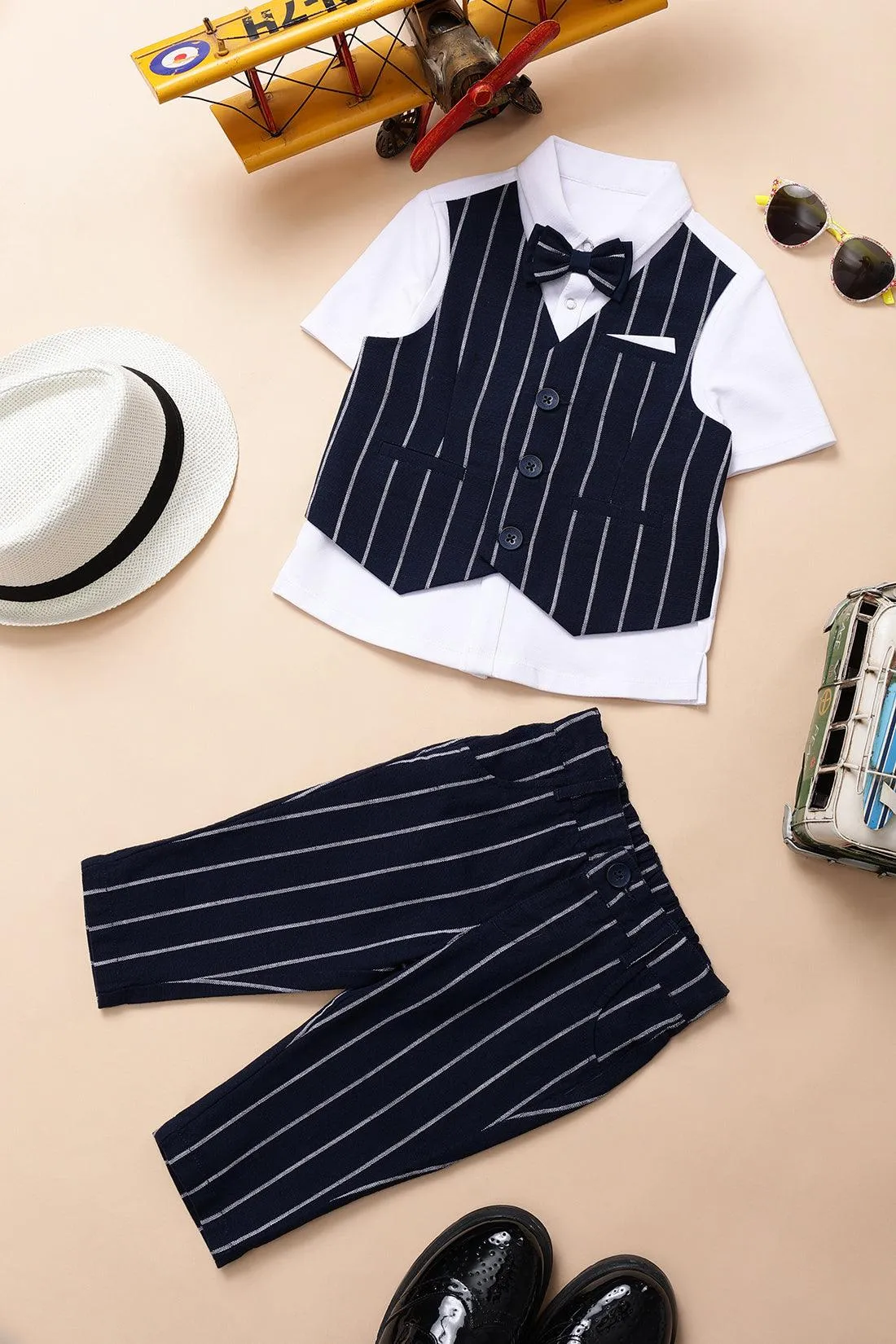 One Friday Baby Boys Striped Waistcoat and Trouser Set with Shirt