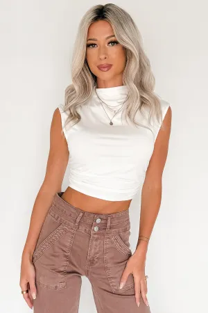One More Kiss Cap Sleeve Mock Neck Crop Top (White) Non Restrictive Collar SoftFeel Fabric