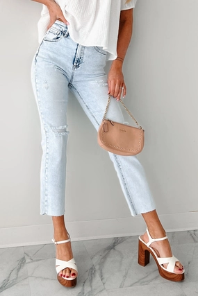 Opal High Rise Distressed Slim Straight Risen Jeans (Acid Light) Lightweight Weave