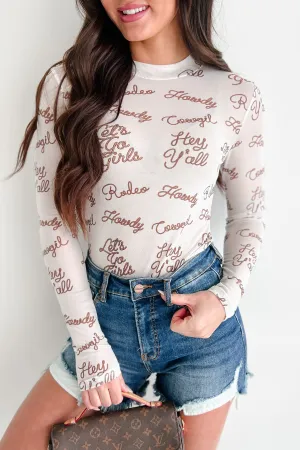 Low Profile Stitching LayeredNeckline Rodeo Rowdy Graphic Mesh Long Sleeve Top (Ivory/Taupe)