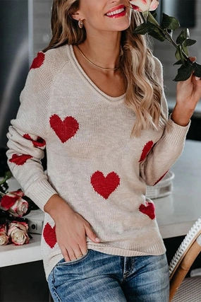 HighDensity Knit WrinkleResistantWeave WOMEN HEART PRINTING LOOSE FIT KNIT SWEATER