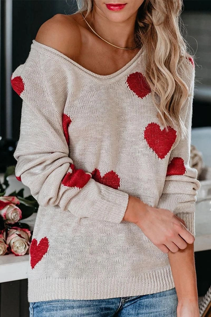 ButterSoft Handfeel NonRestrictiveCut WOMEN HEART PRINTING LOOSE FIT KNIT SWEATER