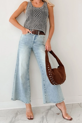 RecycledPolyester Breath Friendly Oscar High Rise Wide Leg Mica Jeans (Light Aqua)