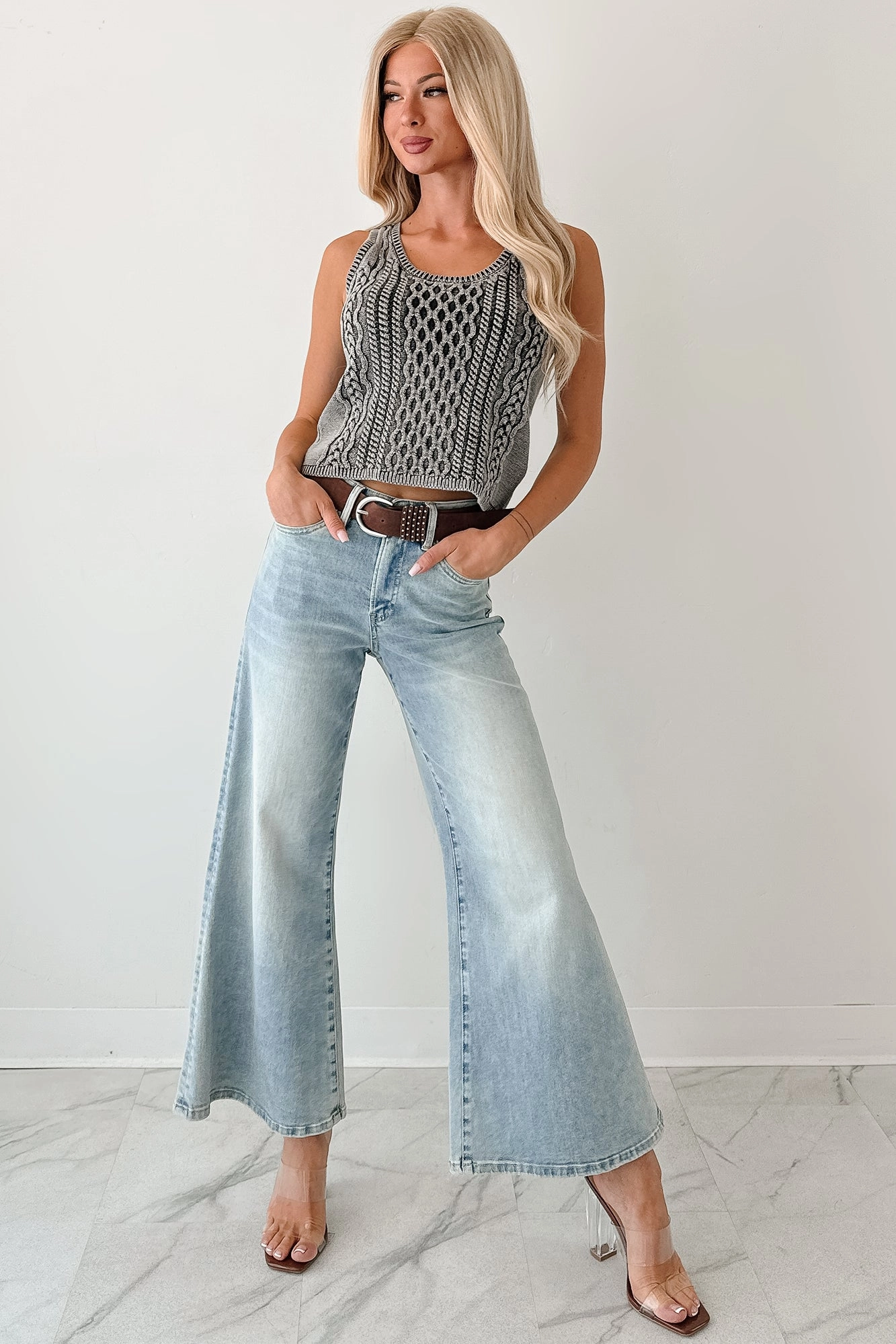 Compact Storage High-waisted fit Oscar High Rise Wide Leg Mica Jeans (Light Aqua)