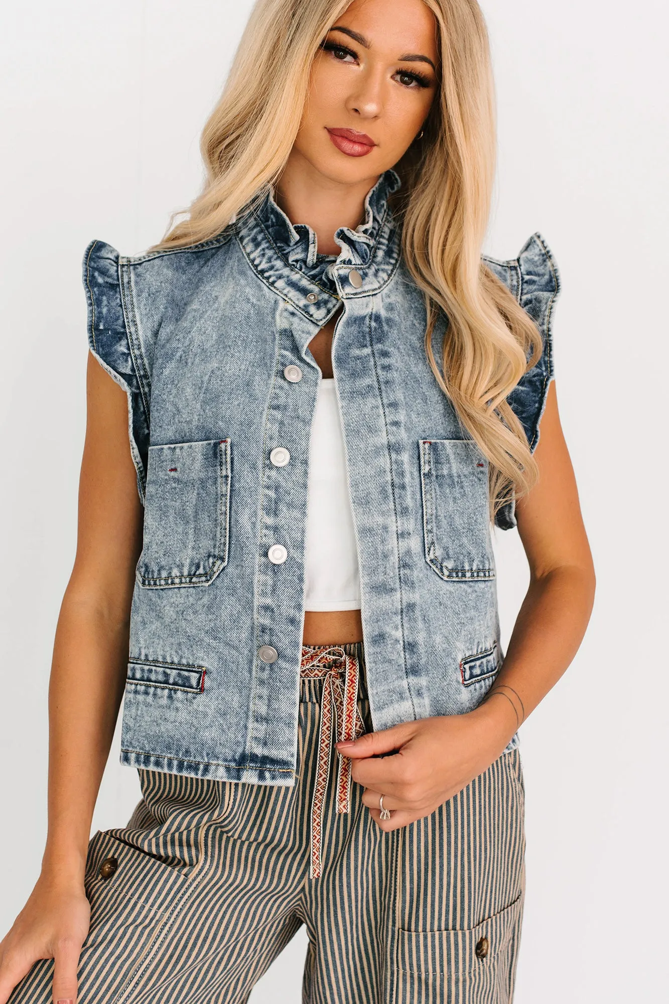 Microfiber Material Our Last Dance Ruffle Denim Vest Top (Light Denim)