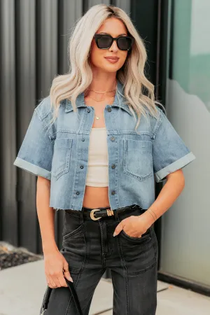 Out & About Short Sleeve Denim Crop Top (Medium) Trendy Cardigan Ergonomic Fit Design