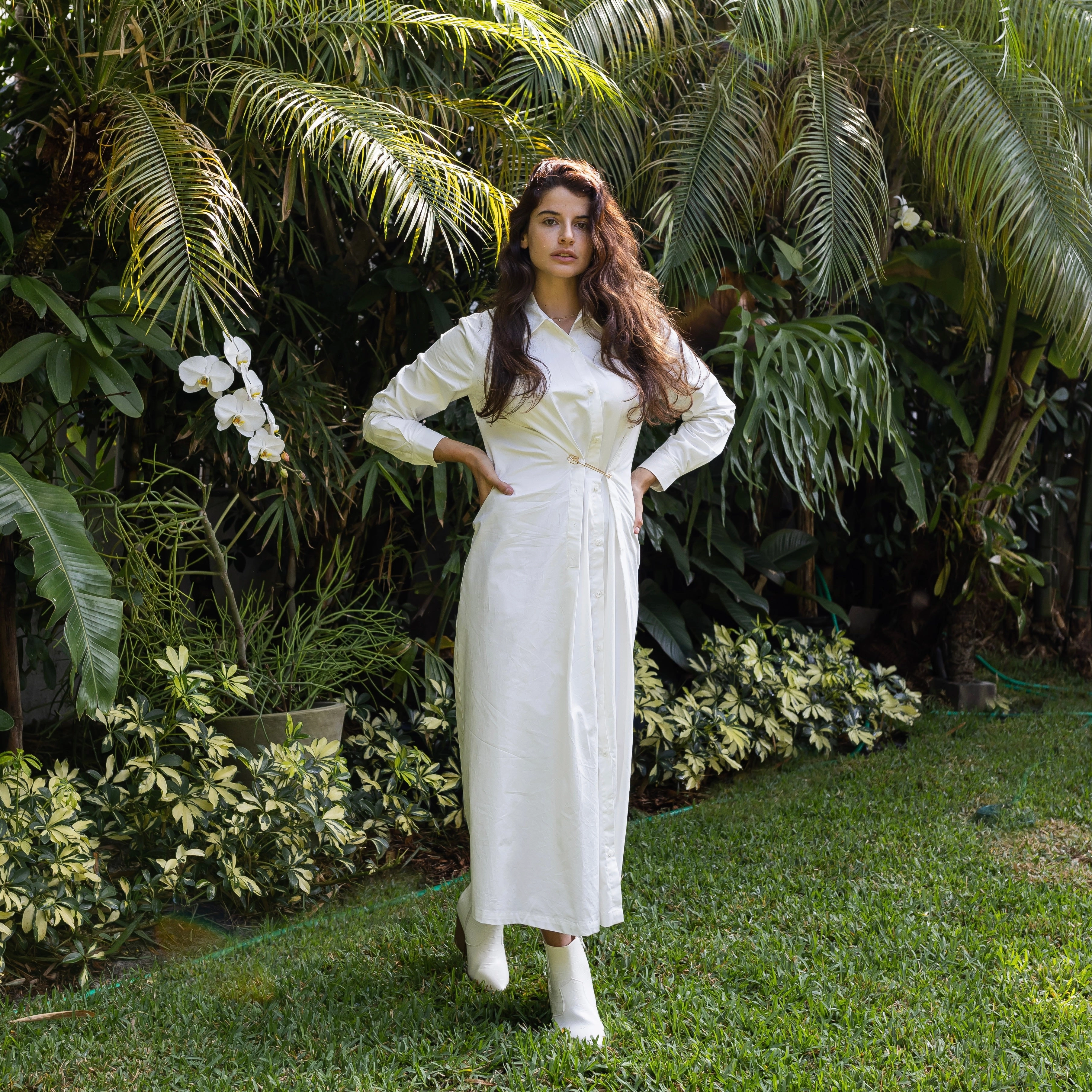 Shimmer-Finish Overlay Pin Dress | White [Final Sale]