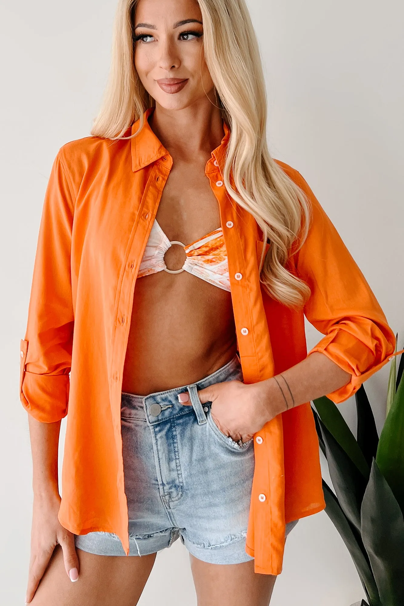 Play The Game Linen Blend Button Up Shirt (Orange) ElasticTrimming Petal Sleeve Architecture