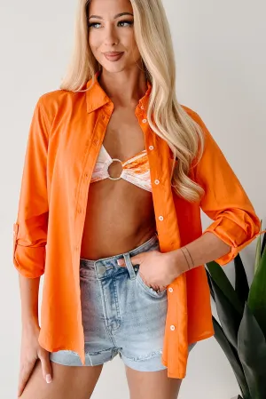 Play The Game Linen Blend Button Up Shirt (Orange) ElasticTrimming Petal Sleeve Architecture