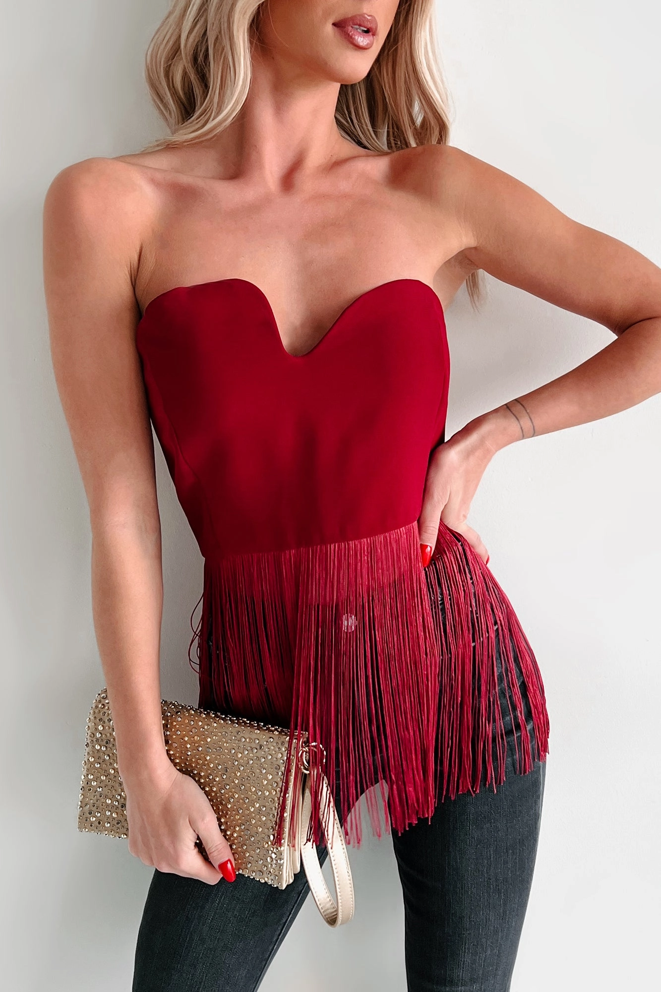 SoftLining Diva On Duty Asymmetric Fringe Top (Burgundy)