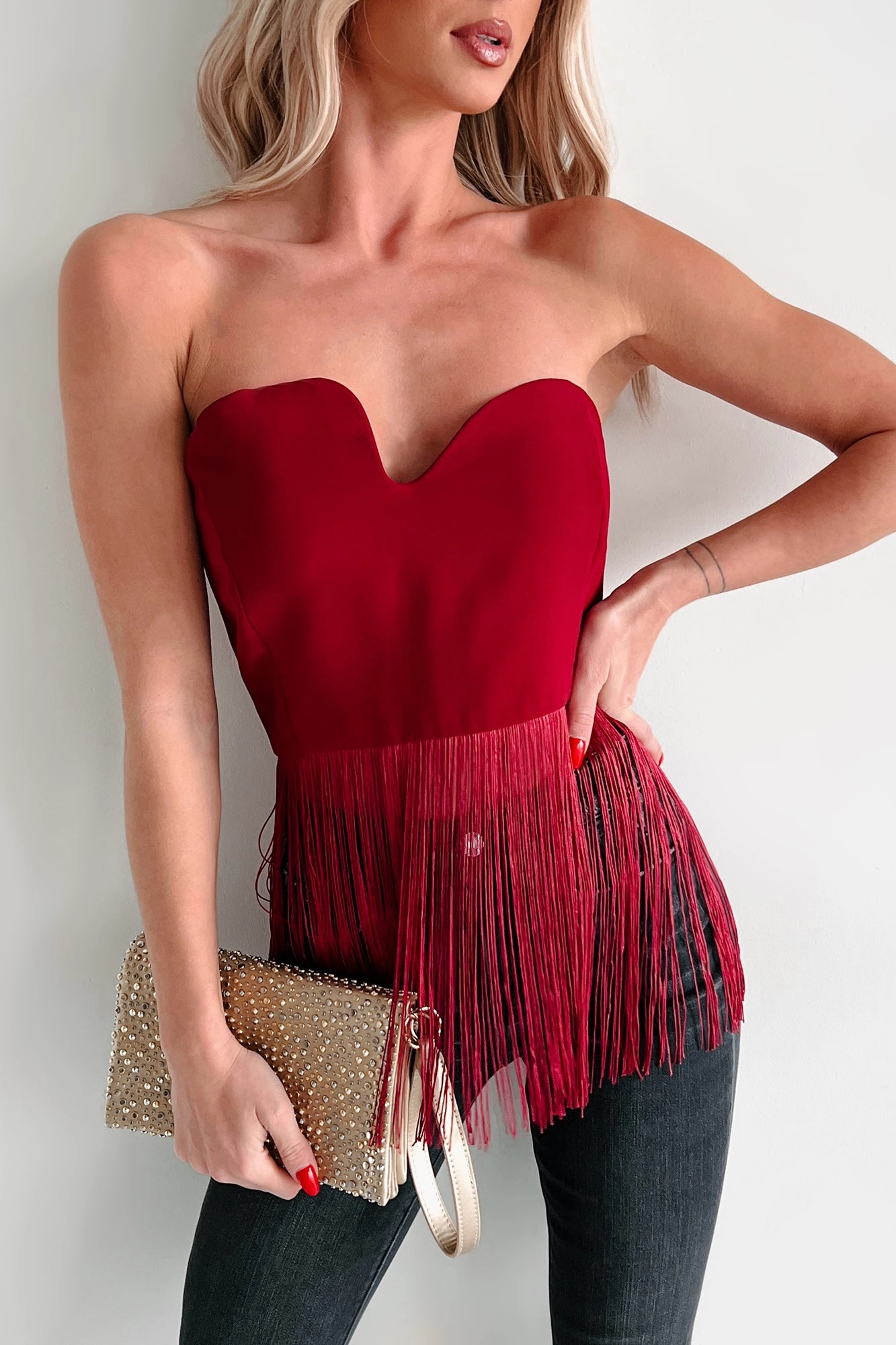 Bold Patterns Diva On Duty Asymmetric Fringe Top (Burgundy)