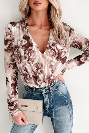 MultiPanel Design Red Carpet Ready Floral V Neck Bodysuit (Latte)