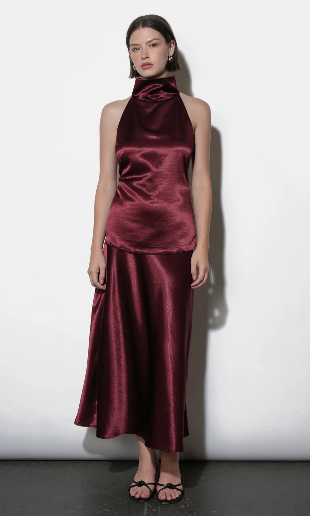 Fresh Vibe Edgy Look Paige Midi Slip Skirt in Dark Cherry