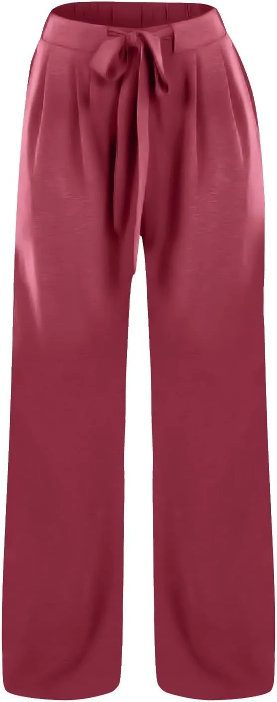 Palazzo Pants for Women Casual Cotton Linen Pants High Waisted Wide Leg Trousers Summer Lounge Pant with Belt Bow