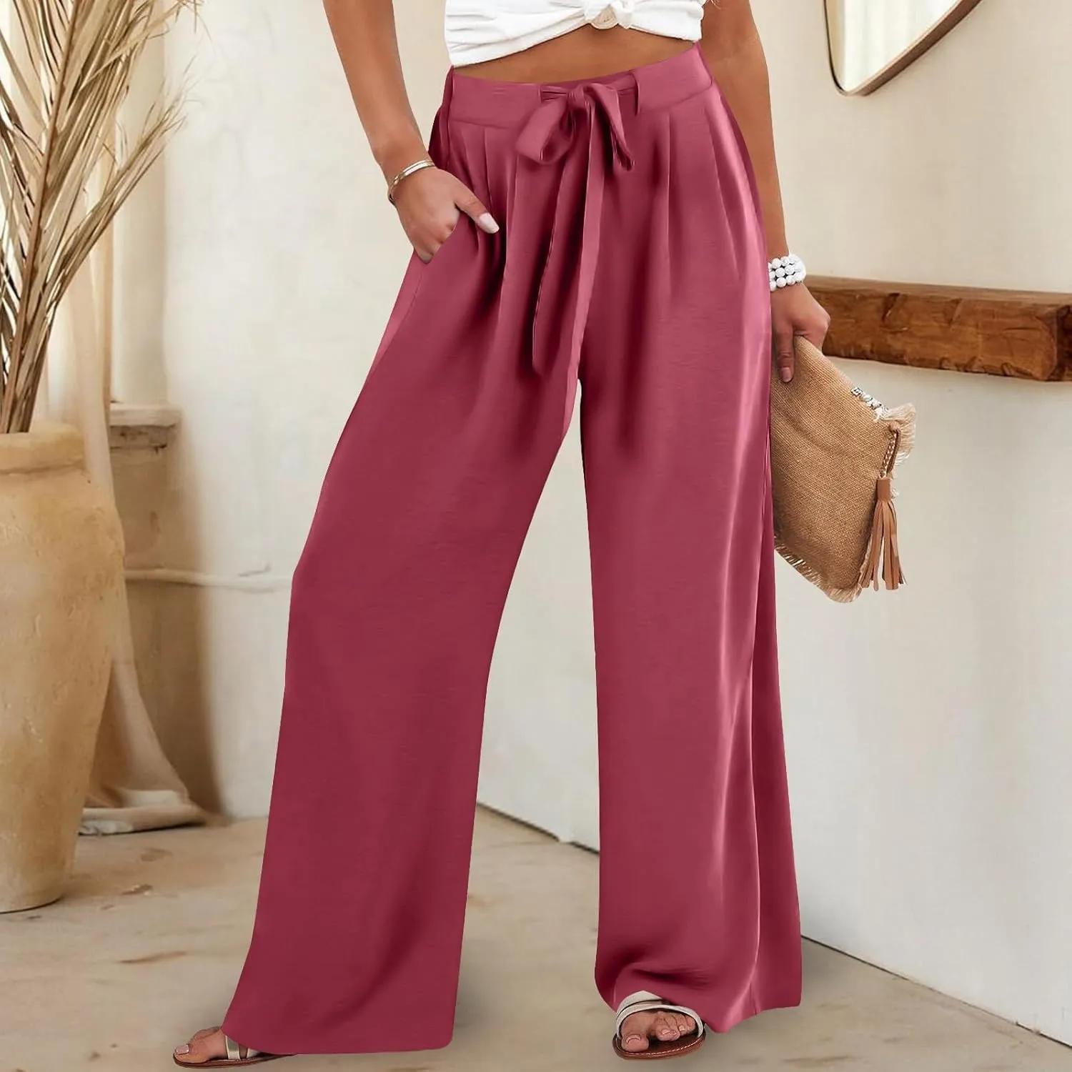 Palazzo Pants for Women Casual Cotton Linen Pants High Waisted Wide Leg Trousers Summer Lounge Pant with Belt Bow