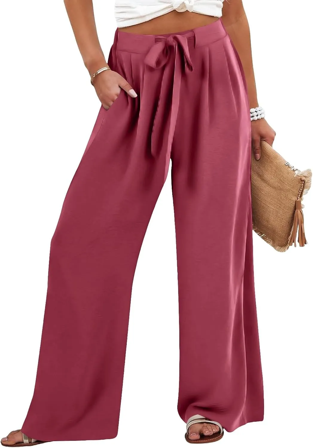 Palazzo Pants for Women Casual Cotton Linen Pants High Waisted Wide Leg Trousers Summer Lounge Pant with Belt Bow