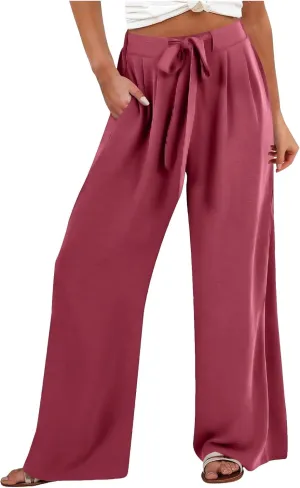 Palazzo Pants for Women Casual Cotton Linen Pants High Waisted Wide Leg Trousers Summer Lounge Pant with Belt Bow