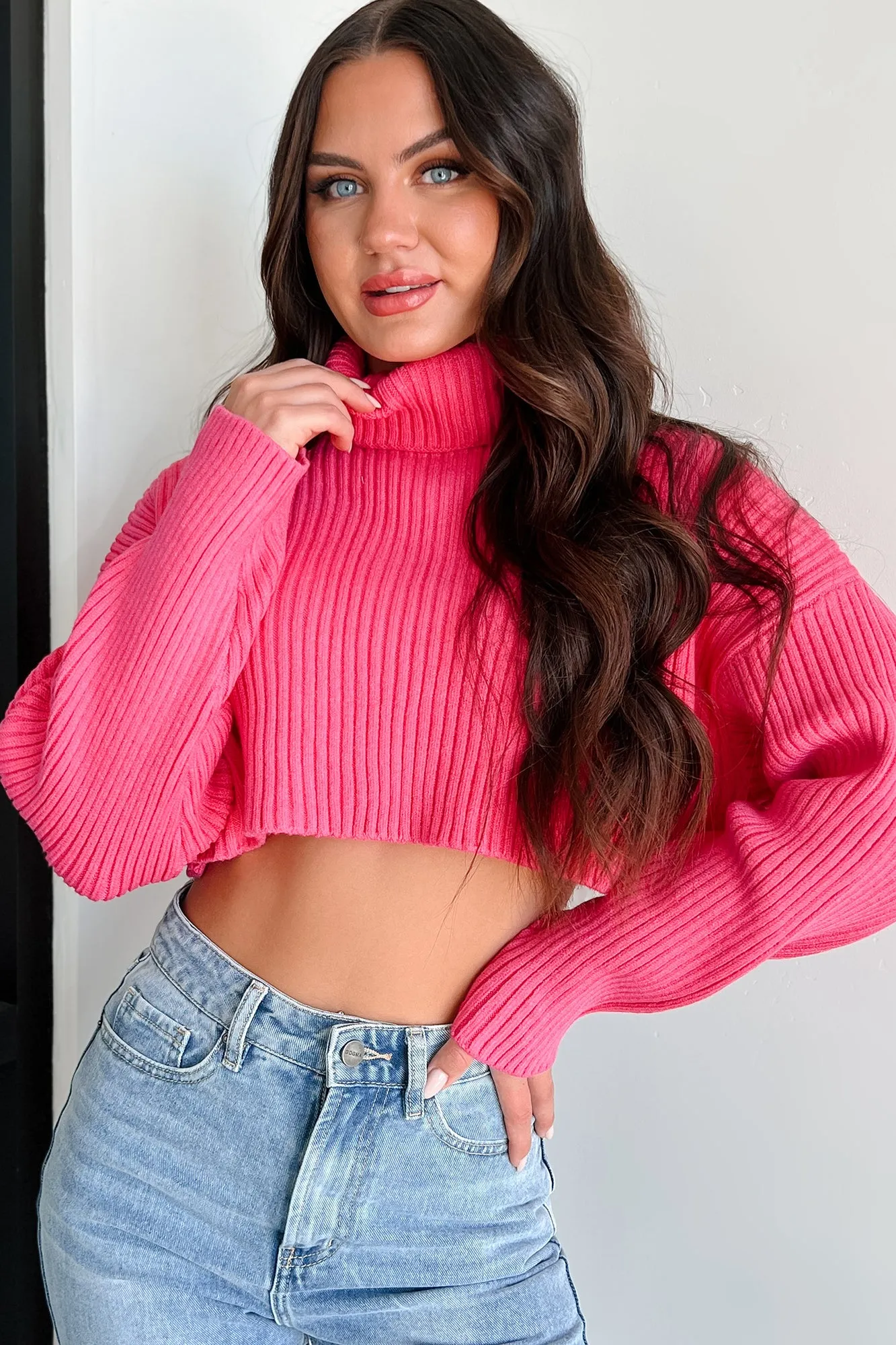 Pamela Turtleneck Crop Sweater (Super Pink) WrinkleResistant