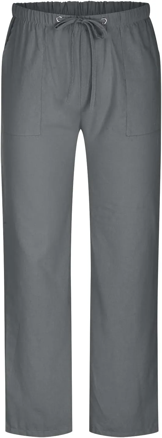 Pants for Men Cotton Linen Drawstring Elastic Waist Solid Straight Legs Causal Stylish Work Utility Loose Trouser