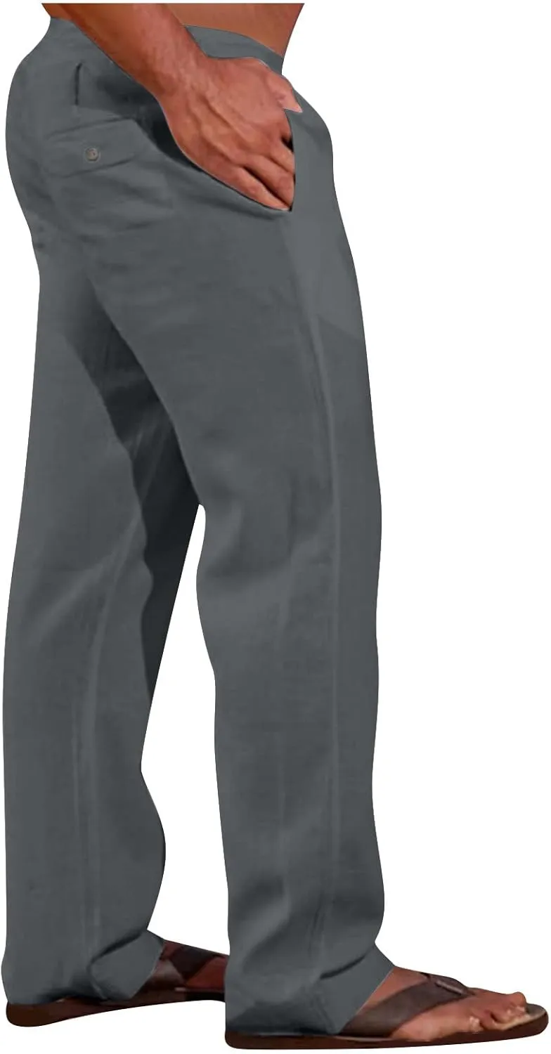 Pants for Men Cotton Linen Drawstring Elastic Waist Solid Straight Legs Causal Stylish Work Utility Loose Trouser