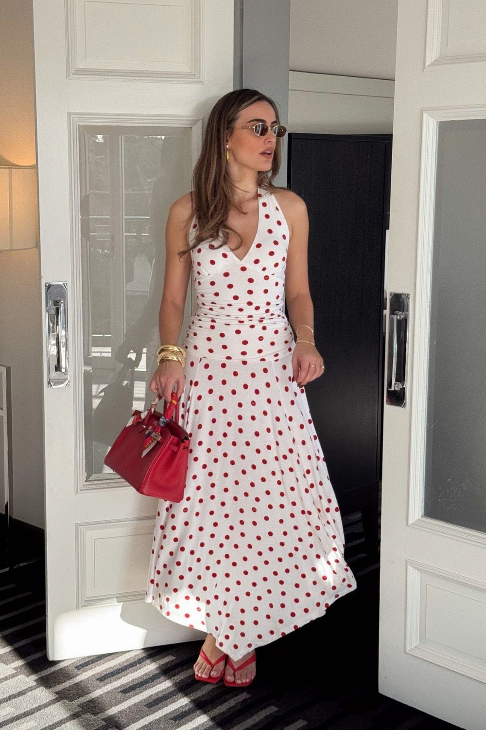 Light Drape Elegant Piece Paris Midi Dress Red Polka Dot