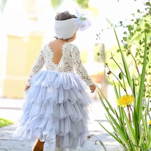 PARISIAN BLUE -  Veronica Soft White Eyelash Long Sleeve Lace with Ruffle Long Skirt