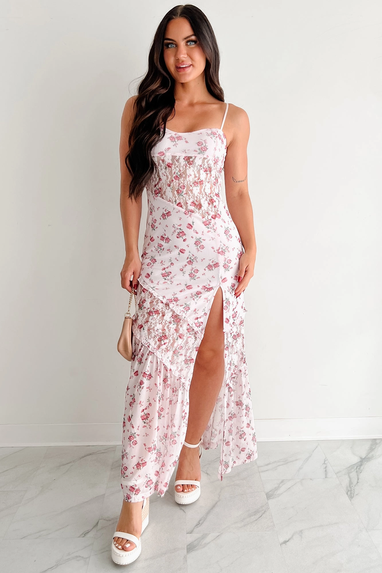 Full-Time Flirt Floral Mesh Maxi Dress (Blush) Flattering Design