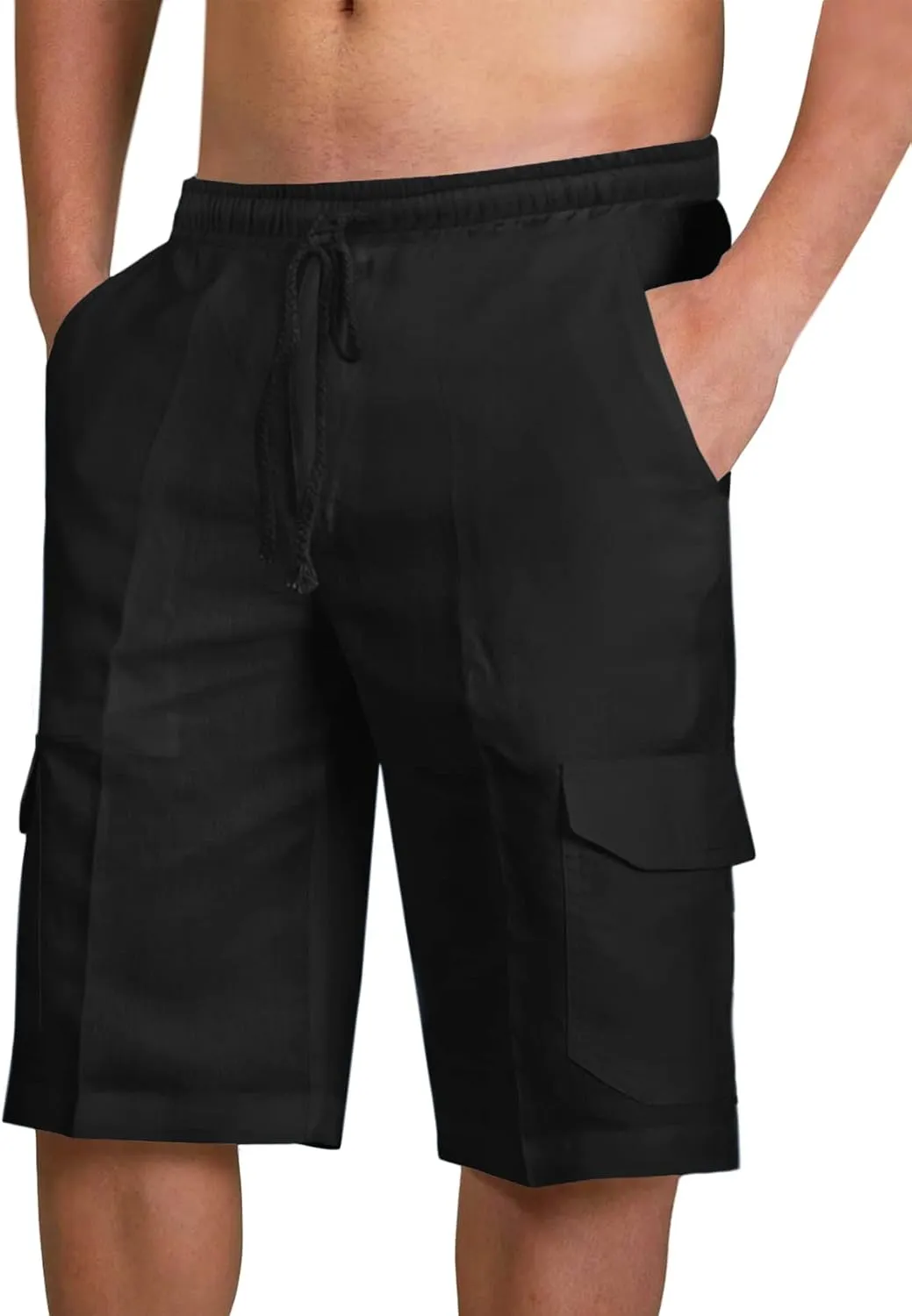 PASLTER Mens Cotton Linen Shorts Casual Elastic Waist Drawstring Lightweight Summer Beach Cargo Shorts