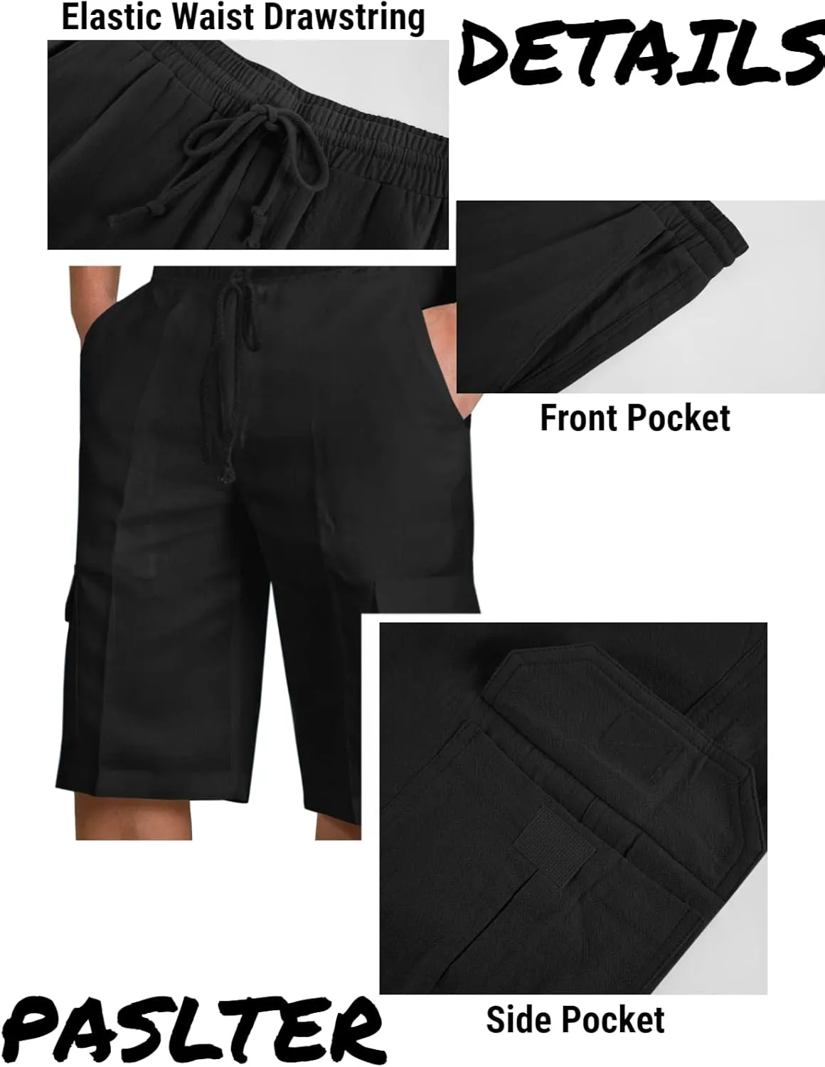 PASLTER Mens Cotton Linen Shorts Casual Elastic Waist Drawstring Lightweight Summer Beach Cargo Shorts