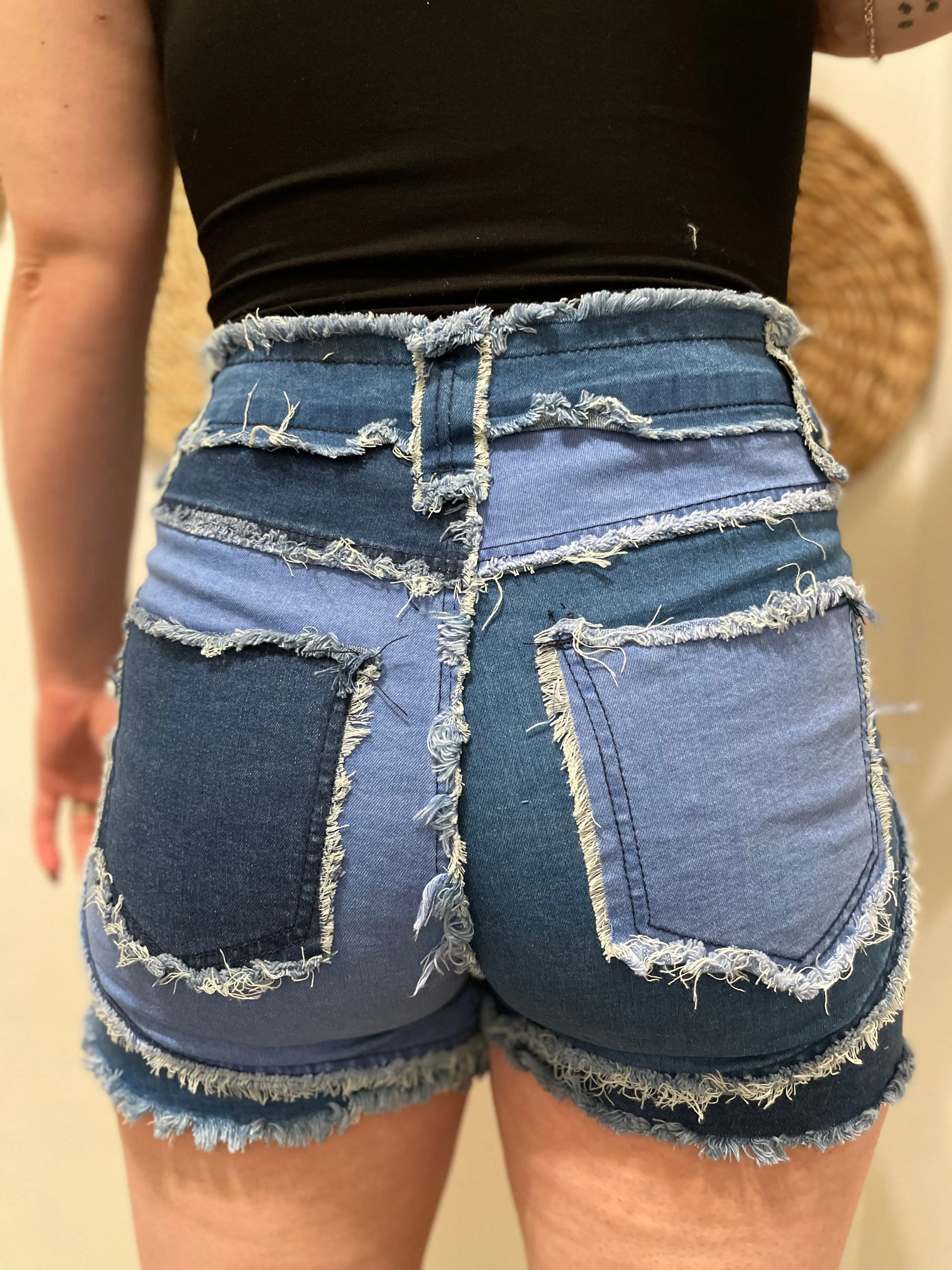 Patchwork Tassel High Waisted Denim Shorts
