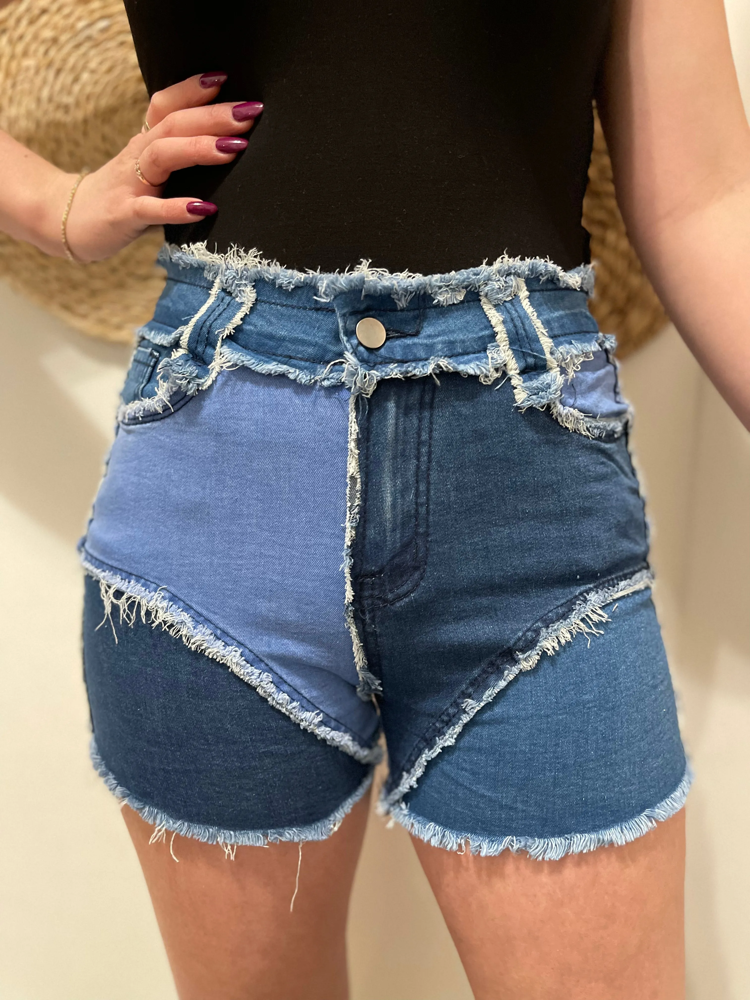 Patchwork Tassel High Waisted Denim Shorts