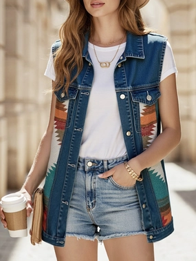 EcoCertified AntiPillingFinish PATTERN BLOCK BUTTON DOWN CASUAL DENIM VEST