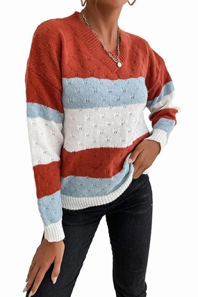 PATTERN KNIT STRIPE CASUAL SWEATER TOP retro look Raw Edge Detail