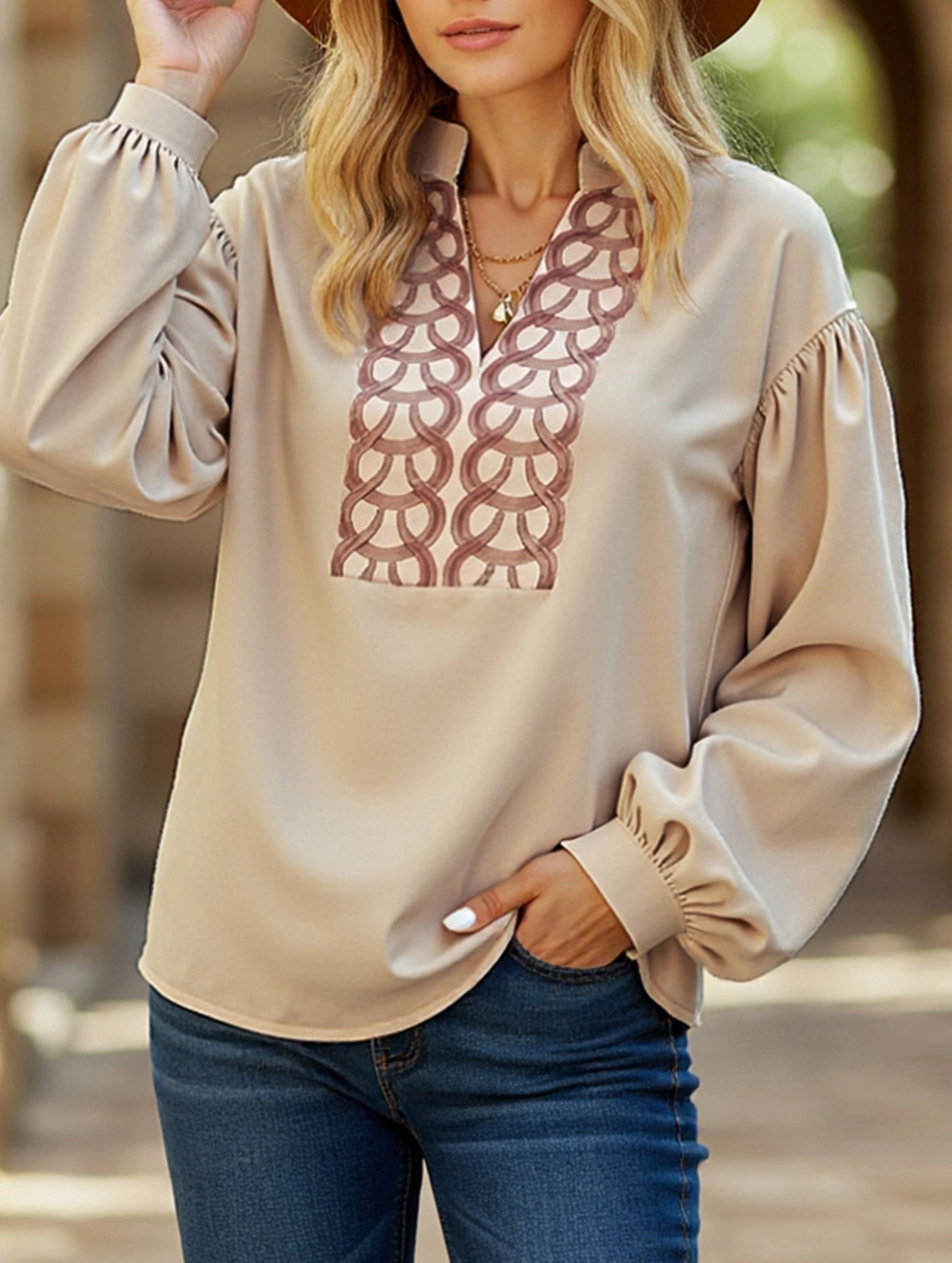 Ribbed Trim Details Patterned long-sleeved mandarin-collar shirt